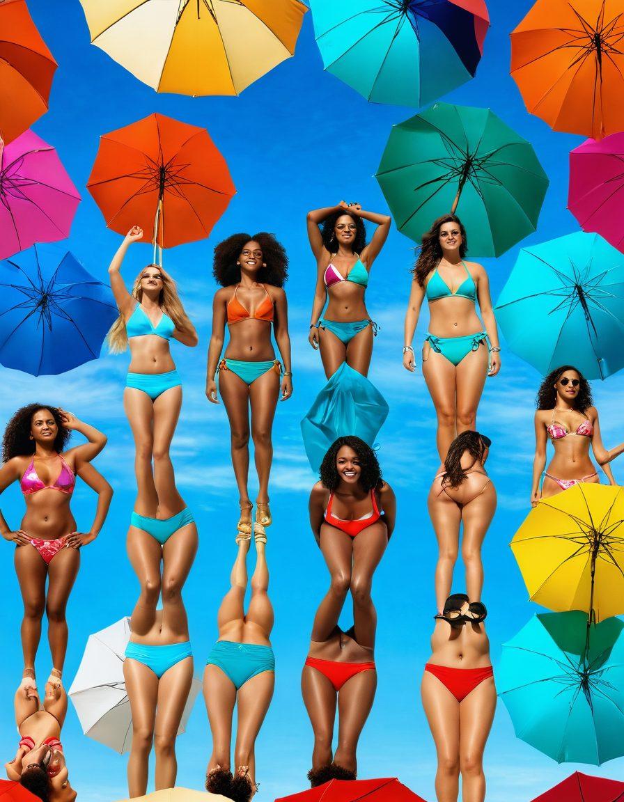 A vibrant beach scene featuring diverse women of different body types and ethnicities trying on stylish bikinis under a bright blue sky. Include colorful beach umbrellas, clear turquoise water, and sandy shores, creating a lively atmosphere. Capture the joy of summer with playful poses and smiles, capturing various bikini styles including high-waisted, triangle, and sporty designs. super-realistic. vibrant colors. summer vibe.
